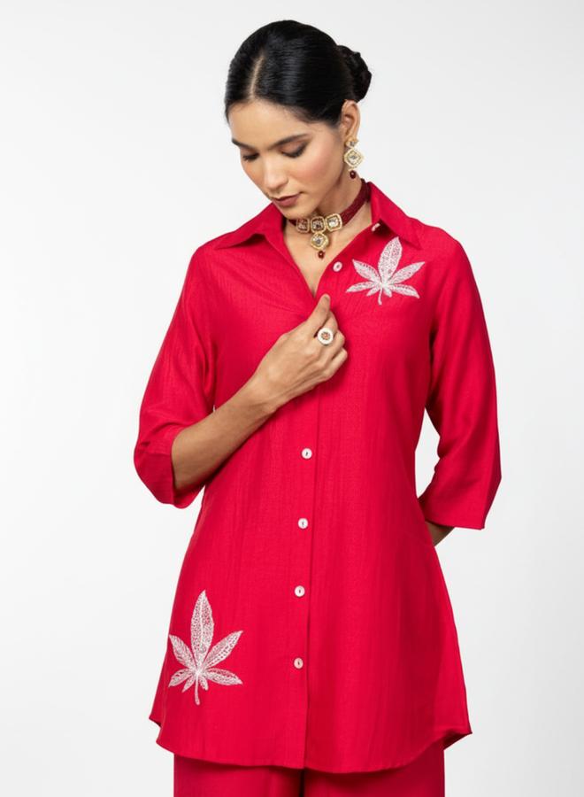WineRed Women Embroidered Shirt and Wide Leg Trousers Co-ords - Image 4